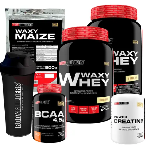 Kit 2x Whey Protein Waxy Whey Pote 900g + BCAA 4,5 100g + Power Creatina 100g + Waxy Maize 800g